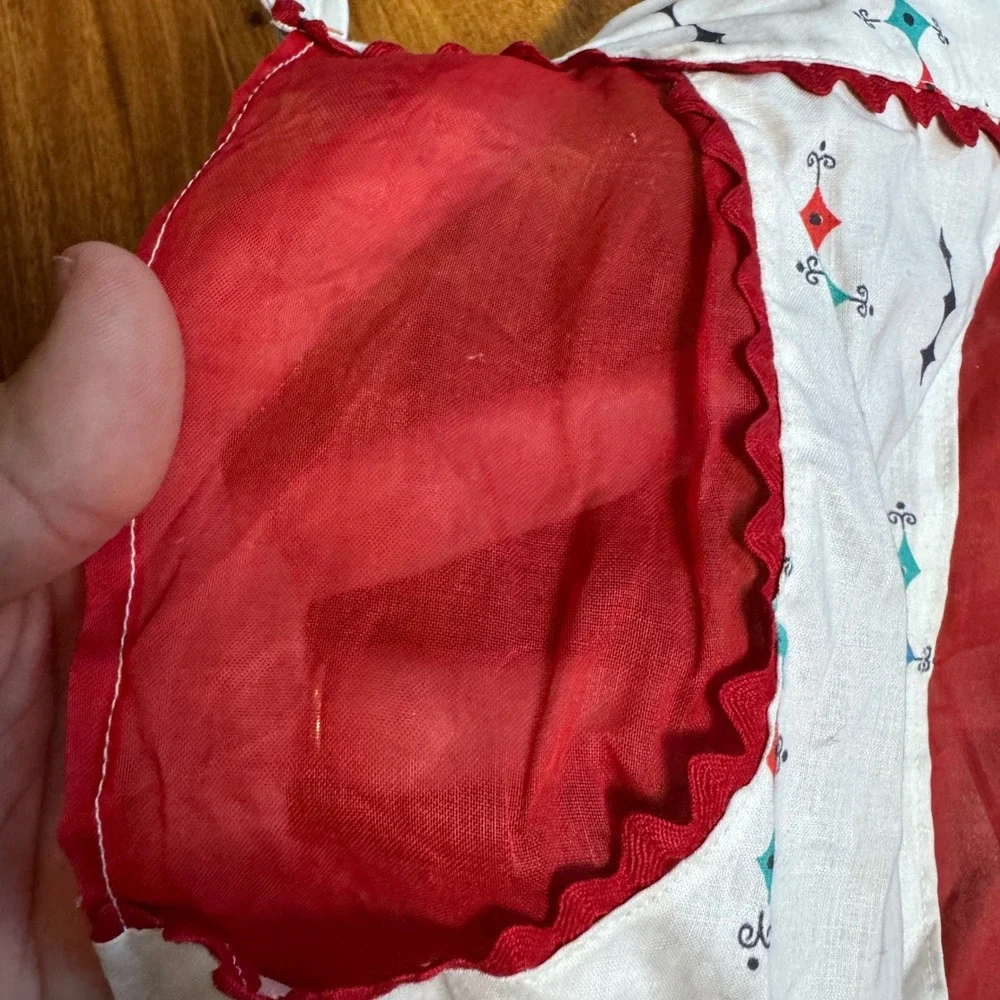 Vintage Handmade 1950s Geometric Design Sheer Red Half Apron‎ with pockets